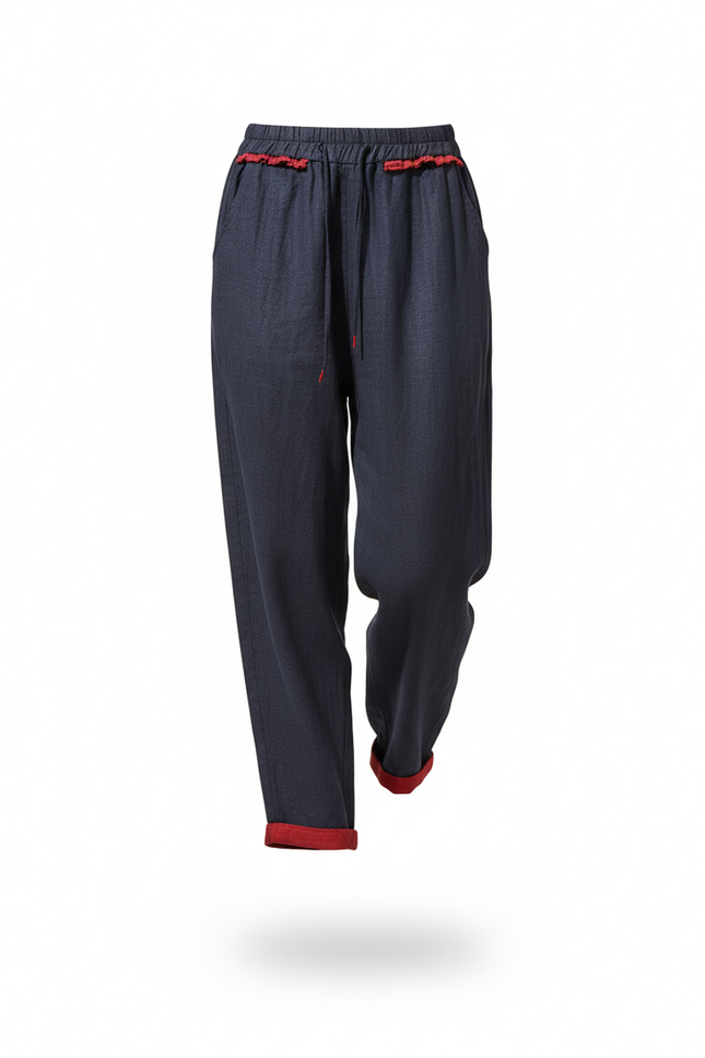 Pantalon En Lin Marine Cordon Fluide Décontracté - vue 3