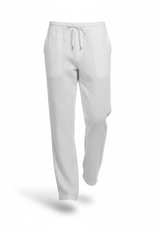 Pantalon En Lin Blanc Droit Décontracté Léger Cordon - vue 3