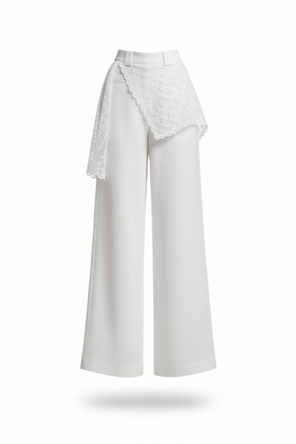 Pantalon En Lin Blanc Ample Taille Haute Dentelle - vue 3