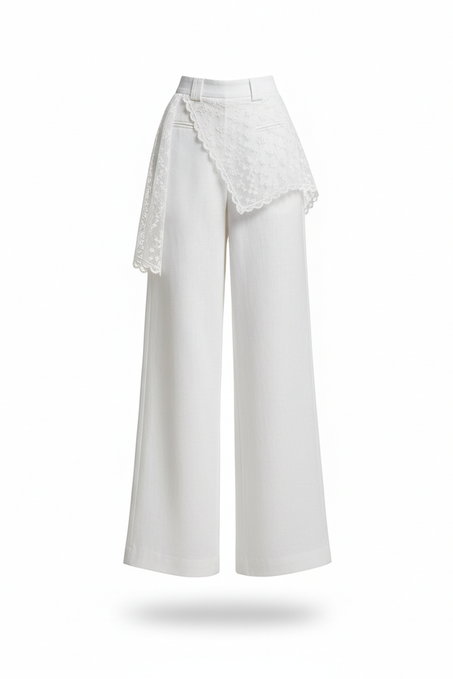 Pantalon En Lin Blanc Ample Taille Haute Dentelle - vue 3