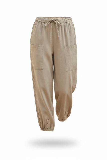 Pantalon En Lin Beige Ample Boutonné Décontracté Femme - vue 3