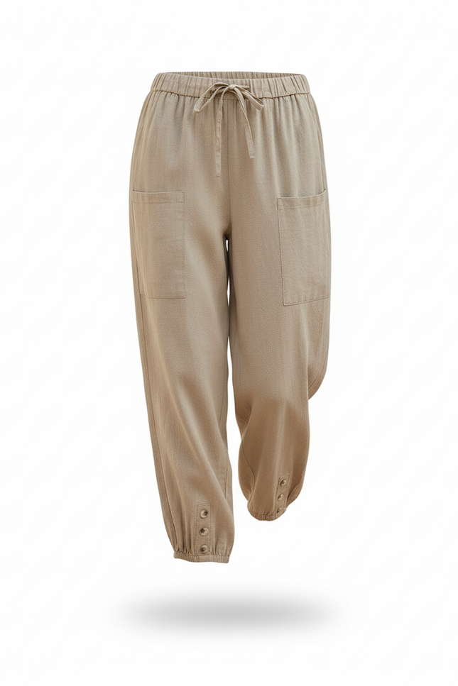 Pantalon En Lin Beige Ample Boutonné Décontracté Femme - vue 3