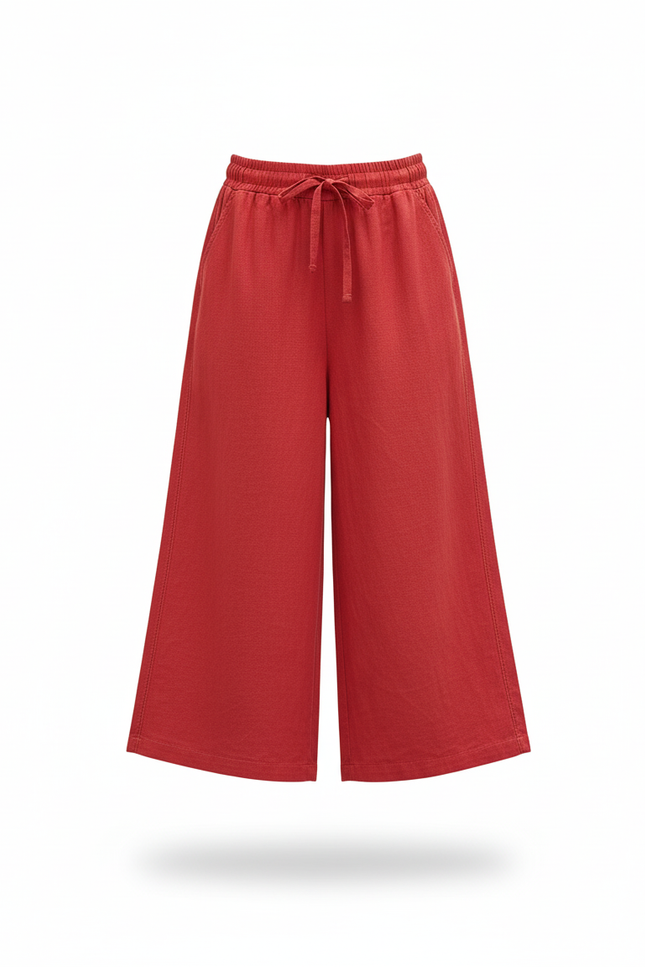 Pantalon En Lin Rouge Ample Fille Décontracté Fluide Confortable - vue 3