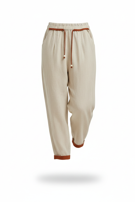 Pantalon En Lin Beige Ample Cordon Décontracté Femme - vue 3