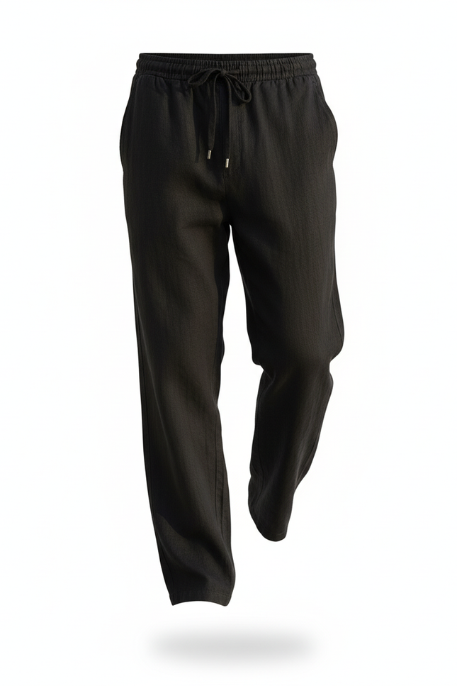 Pantalon En Lin Homme Noir Ample Droit Décontracté Cordon - vue 3