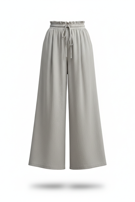 Pantalon En Lin Gris Fluide Ample Taille Haute - vue 3