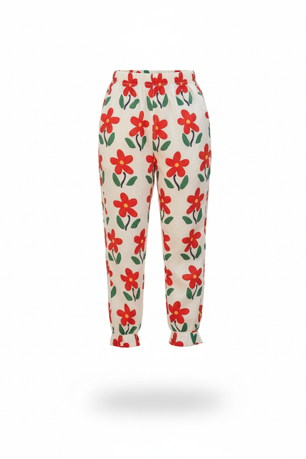 Pantalon En Lin Blanc Imprimé Floral Rouge Ample - vue 3