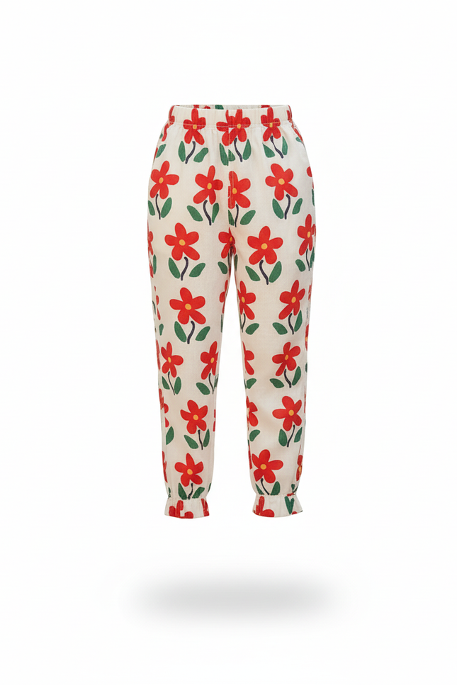 Pantalon En Lin Blanc Imprimé Floral Rouge Ample - vue 3
