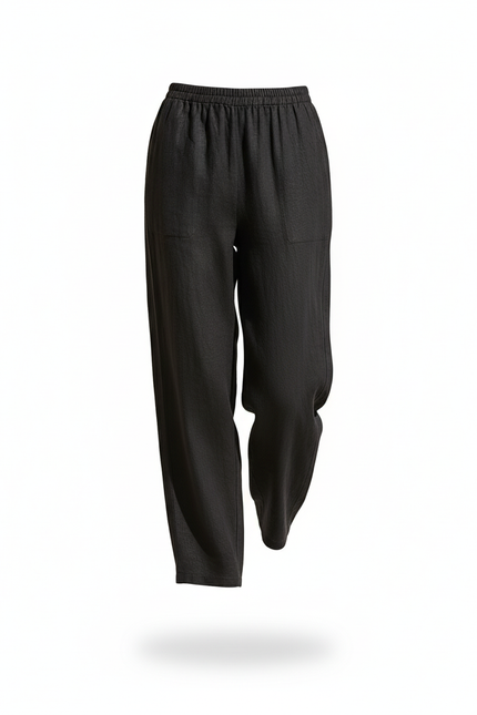 Pantalon En Lin Noir Ample Taille Élastique Femme - vue 3