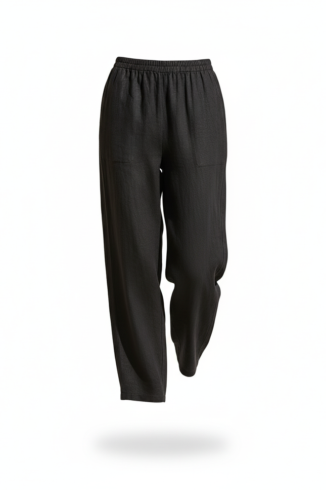 Pantalon En Lin Noir Ample Taille Élastique Femme - vue 3