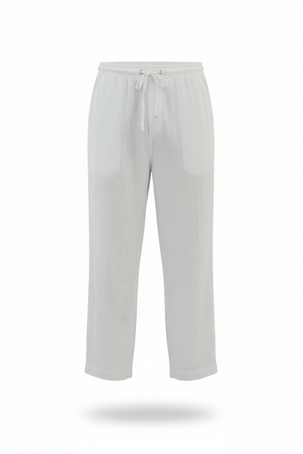 Pantalon En Lin Blanc Ample Cordon Décontracté Homme - vue 3