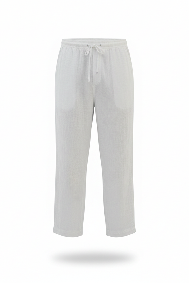 Pantalon En Lin Blanc Ample Cordon Décontracté Homme - vue 3