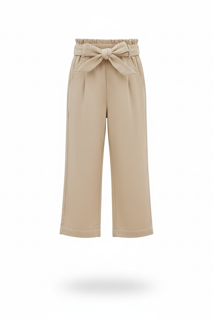 Pantalon En Lin Beige Taille Haute Ceinturé Fille - vue 3