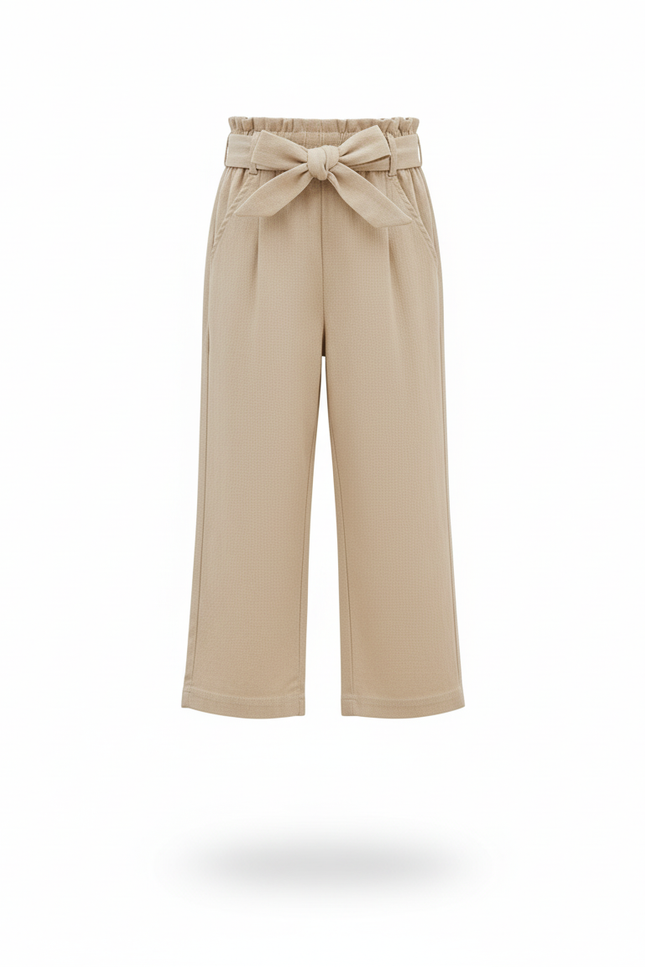 Pantalon En Lin Beige Taille Haute Ceinturé Fille - vue 3