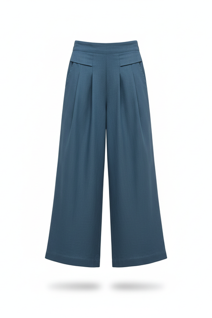 Pantalon En Lin Bleu Ample Plissé Élégant Femme - vue 3