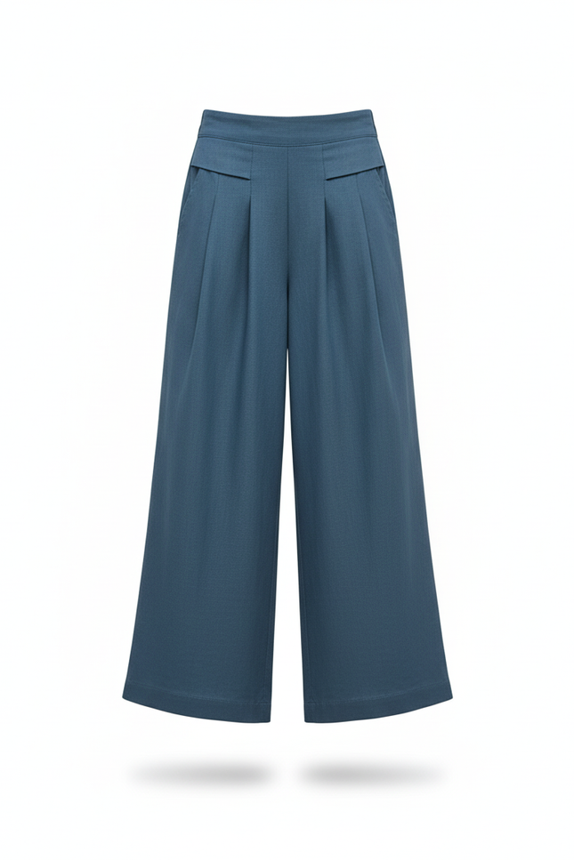 Pantalon En Lin Bleu Ample Plissé Élégant Femme - vue 3