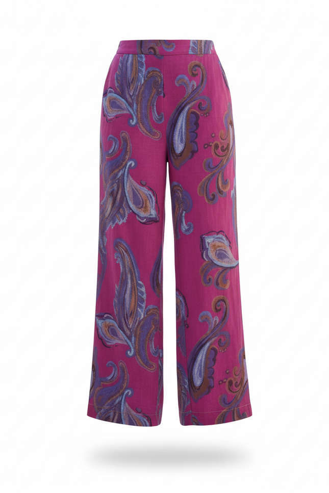 Pantalon En Lin Fuchsia Imprimé Paisley Ample Fluide - vue 3