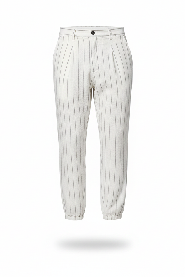 Pantalon En Lin Blanc Rayé Ample Décontracté Homme - vue 3