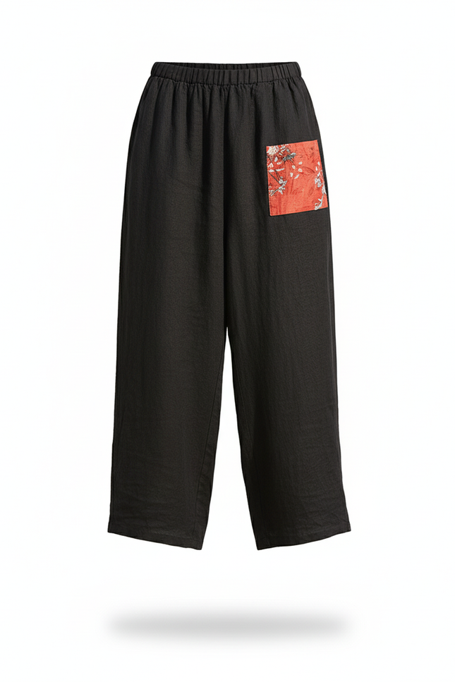 Pantalon En Lin Noir Ample Décontracté Motif Floral - vue 3