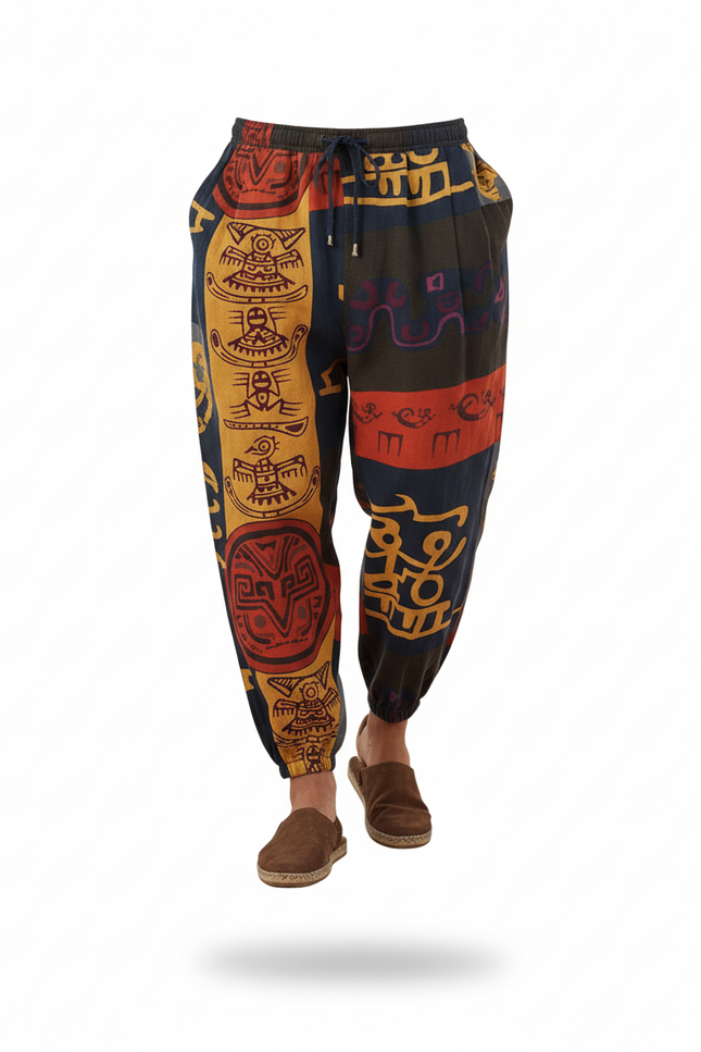 Pantalon En Lin Ethnique Imprimé Ample Décontracté Homme - Multicolore - vue 3