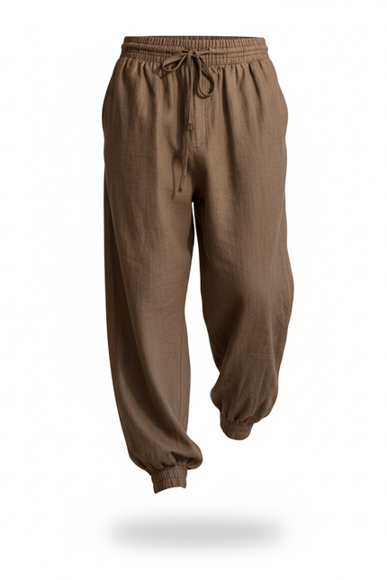 Pantalon En Lin Marron Ample Décontracté Homme Cordon - vue 3