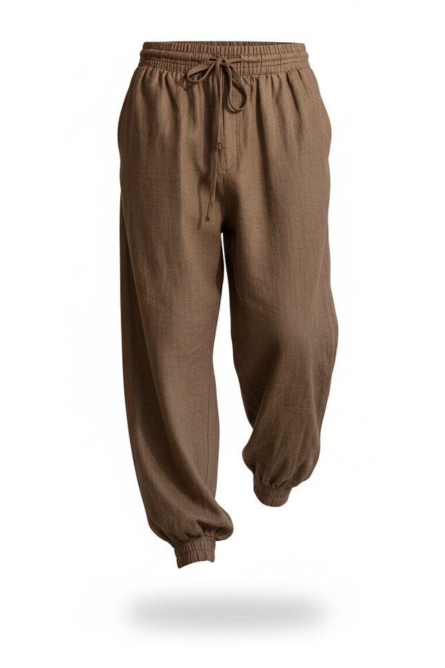Pantalon En Lin Marron Ample Décontracté Homme Cordon - vue 3