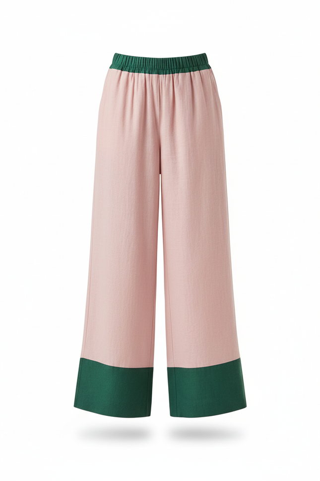Pantalon En Lin Rose Vert Ample Décontracté Femme - vue 3