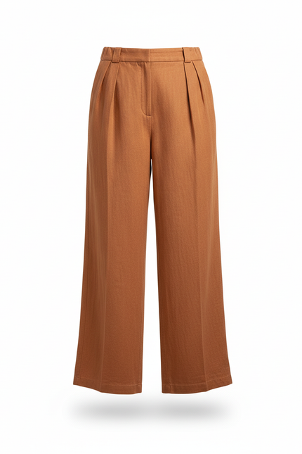 Pantalon En Lin Marron Ample Plissé Fluide Élégant - vue 3