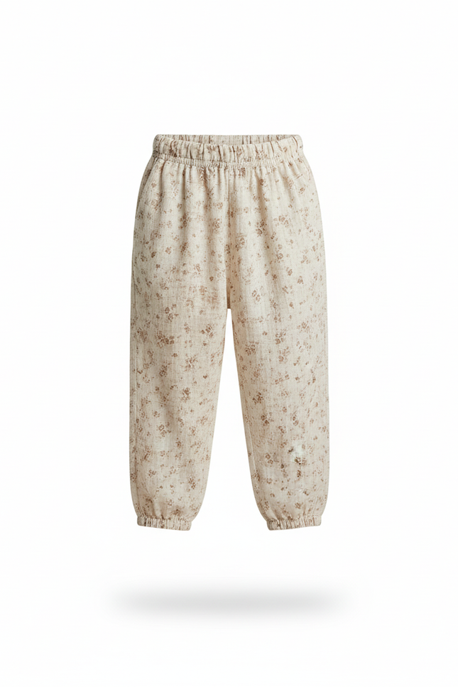 Pantalon En Lin Crème Ample Imprimé Floral Décontracté - Beige - vue 3