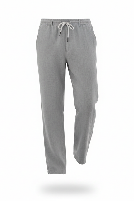 Pantalon En Lin Gris Décontracté Droit Cordon Léger - vue 3
