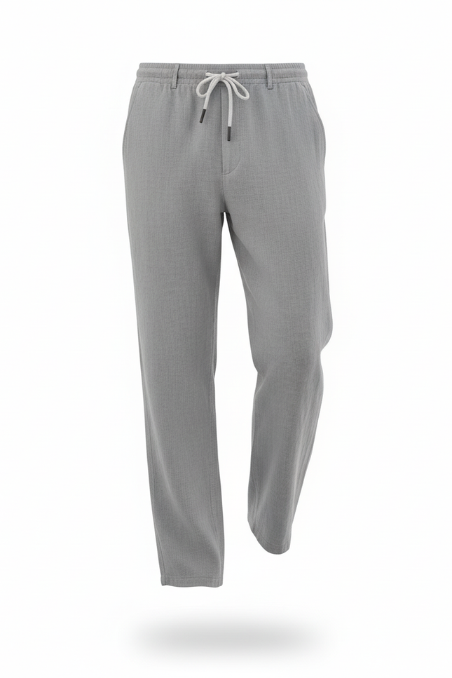 Pantalon En Lin Gris Décontracté Droit Cordon Léger - vue 3