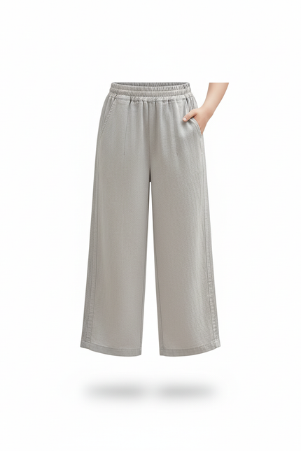 Pantalon En Lin Gris Ample Fluide Taille Élastique - vue 3