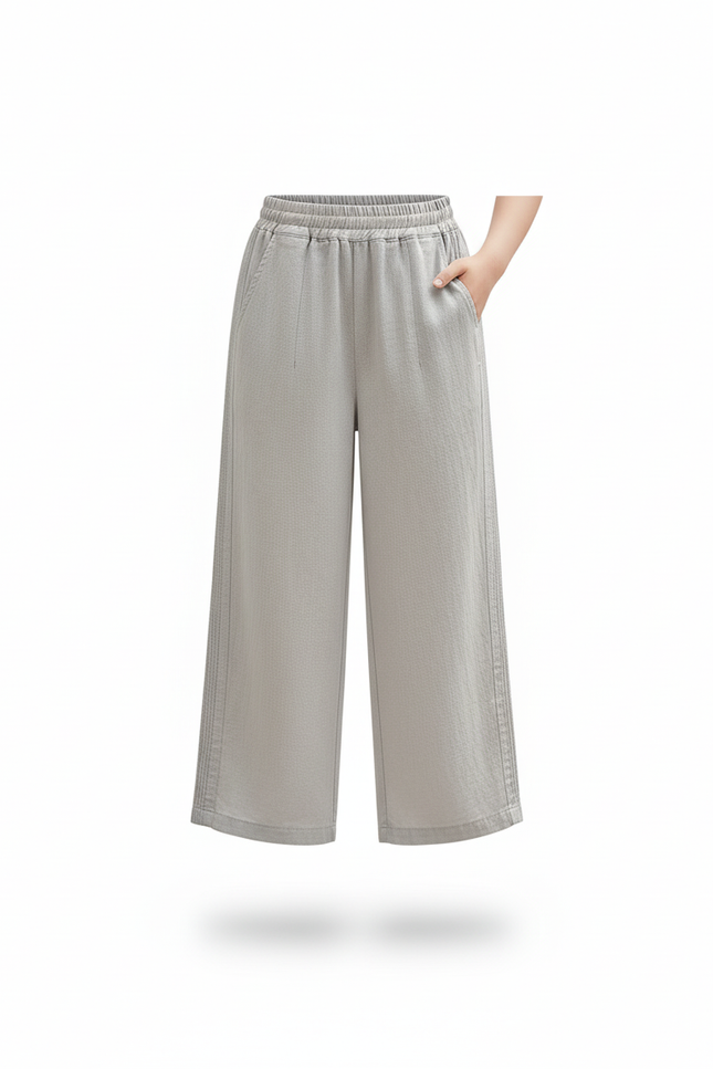 Pantalon En Lin Gris Ample Fluide Taille Élastique - vue 3