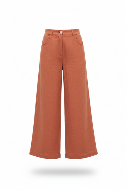 Pantalon En Lin Ample Terre Cuite Taille Haute Fille - Marron - vue 3