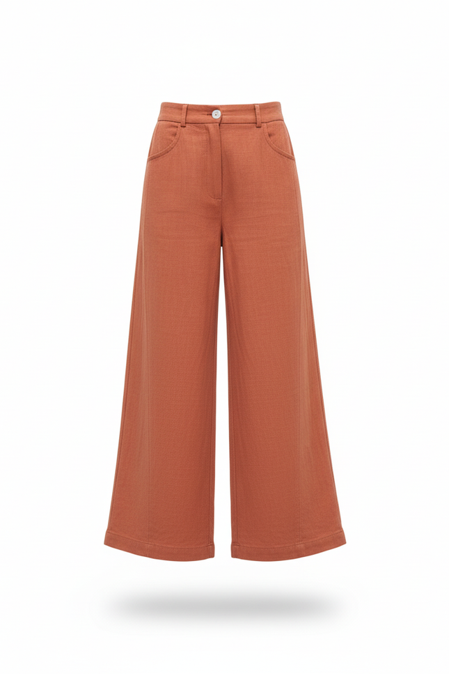 Pantalon En Lin Ample Terre Cuite Taille Haute Fille - Marron - vue 3
