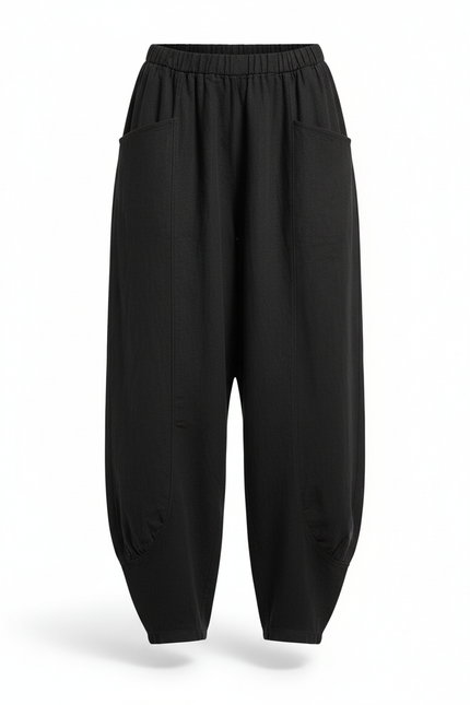 Pantalon En Lin Noir Ample Taille Haute Femme - vue 3