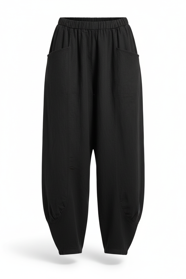 Pantalon En Lin Noir Ample Taille Haute Femme - vue 3