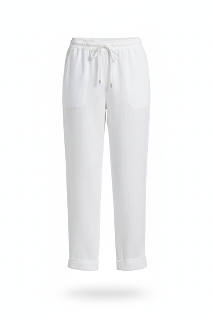 Pantalon En Lin Blanc Taille Haute Fluide Décontracté - vue 3