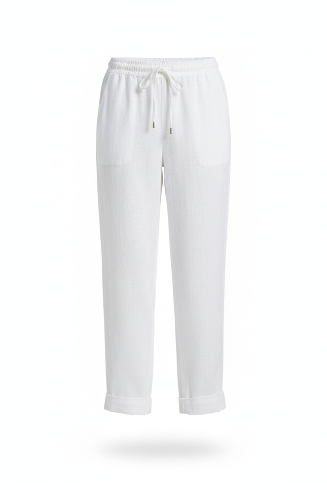 Pantalon En Lin Blanc Taille Haute Fluide Décontracté - vue 3