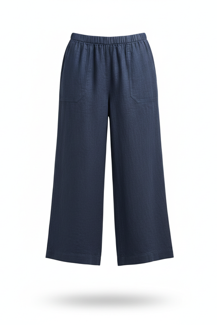 Pantalon En Lin Ample Bleu Marine Fluide Court Décontracté - vue 3