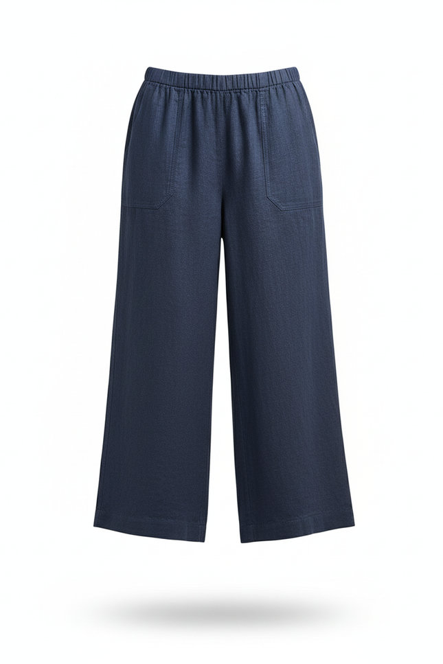 Pantalon En Lin Ample Bleu Marine Fluide Court Décontracté - vue 3