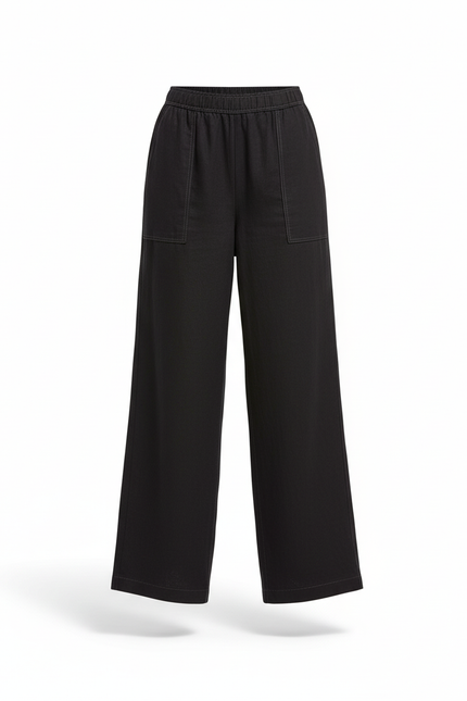 Pantalon En Lin Noir Ample Élastiqué Confortable - vue 3