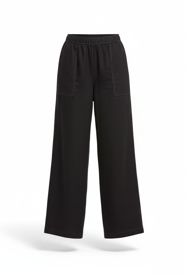 Pantalon En Lin Noir Ample Élastiqué Confortable - vue 3
