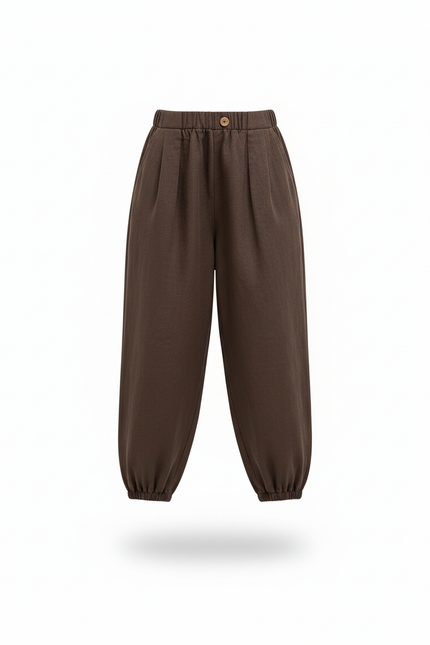 Pantalon En Lin Marron Ample Taille Élastique Confortable - vue 3