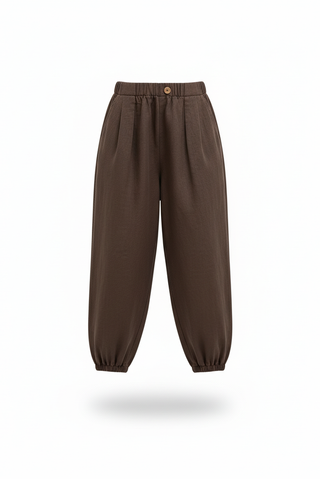 Pantalon En Lin Marron Ample Taille Élastique Confortable - vue 3