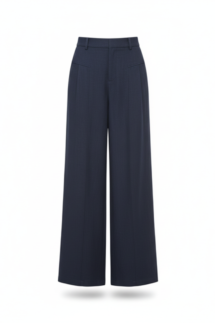 Pantalon En Lin Marine Ample Taille Haute Droit Élégant - vue 3