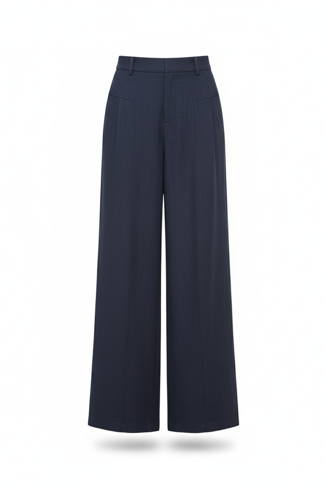 Pantalon En Lin Marine Ample Taille Haute Droit Élégant - vue 3