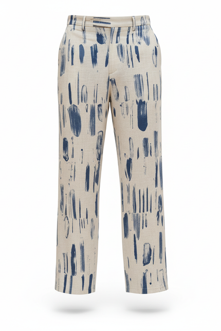 Pantalon En Lin Imprimé Bleu Ample Décontracté Estival - vue 3