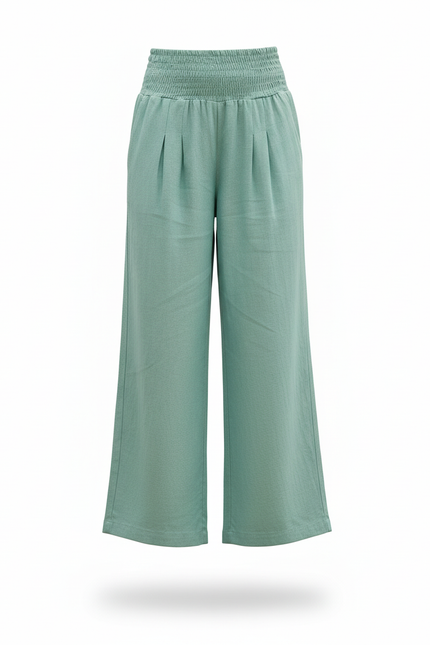Pantalon En Lin Plissé Ample Taille Haute Vert Fille - vue 3