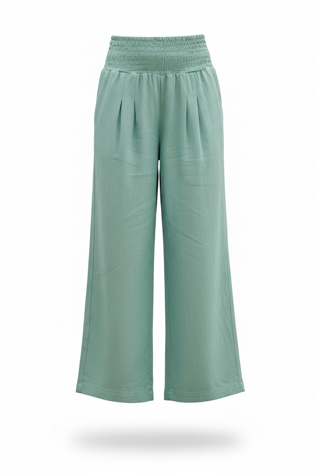 Pantalon En Lin Plissé Ample Taille Haute Vert Fille - vue 3